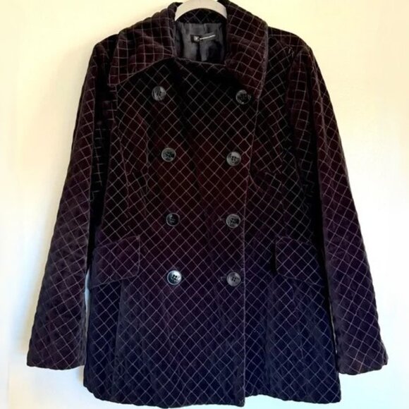 INC International Concepts Double Breasted Black Quilted Velvet Peacoat Sz M - Picture 4 of 5